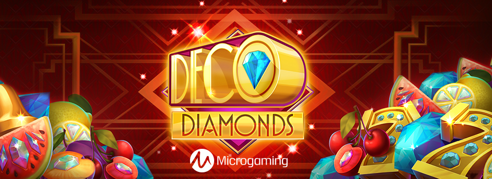 Deco Diamonds Slot Logo von Microgaming umgeben von Diamanten und Früchten